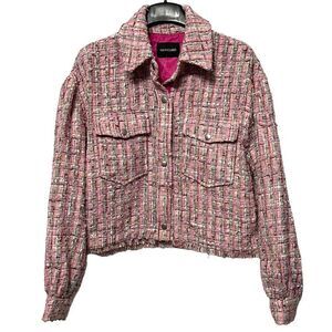 NWOT DOLCE CABO Chloe Pink Tweed Cropped Fringe Jacket M